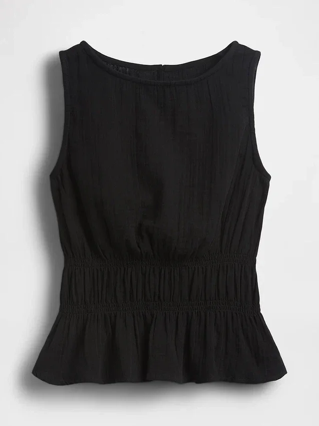 Top de gasa de algodón con peplum y cintura fruncida