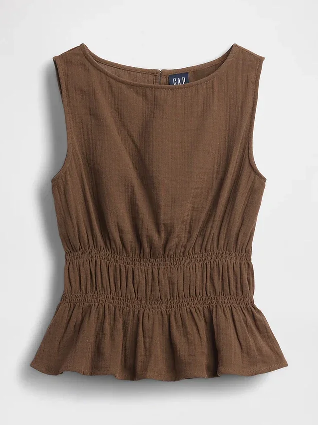 Top de gasa de algodón con peplum y cintura fruncida
