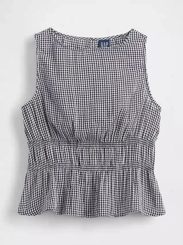 Top de gasa de algodón con peplum y cintura fruncida