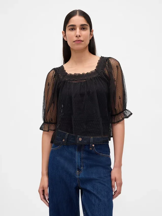 Top de tul transparente bordado