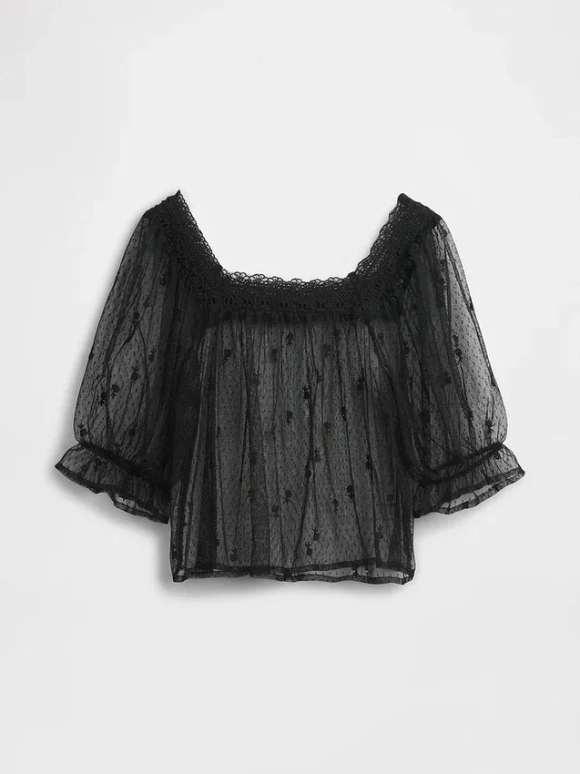 Top de tul transparente bordado