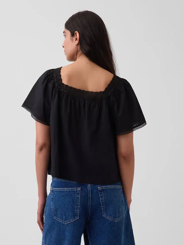 Top holgado de cuello cuadrado con ribete de encaje