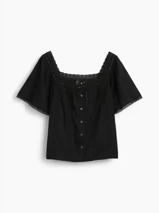 Top holgado de cuello cuadrado con ribete de encaje