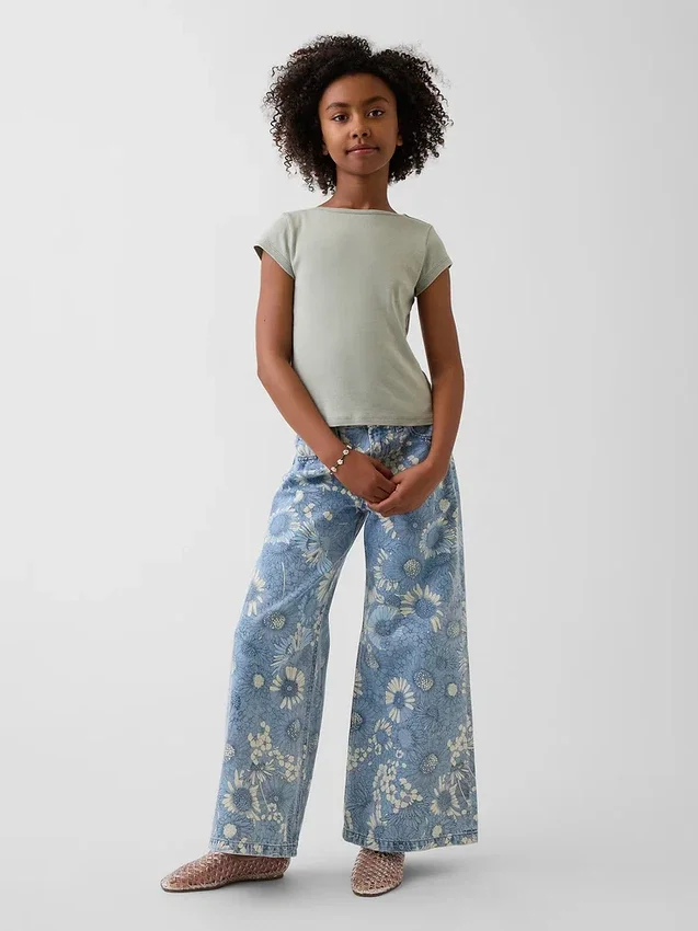 Vaqueros holgados de cintura baja con estampado floral para niños
