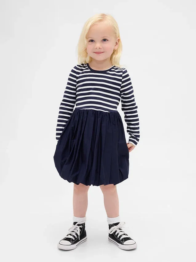 Vestido abullonado de materiales mixtos para bebés y niños pequeños