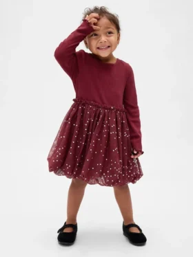 Vestido abullonado de materiales mixtos para bebés y niños pequeños