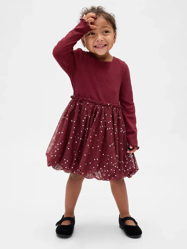Vestido abullonado de materiales mixtos para bebés y niños pequeños