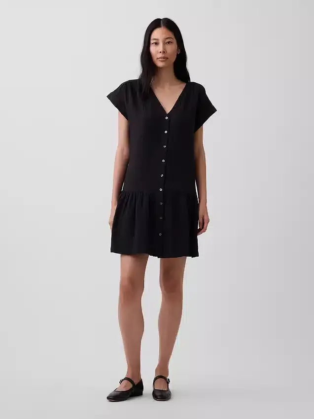 Vestido camisero de gasa de algodón con cintura baja