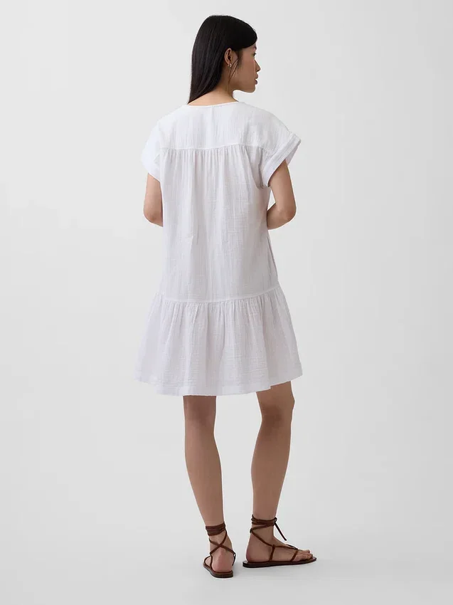 Vestido camisero de gasa de algodón con cintura baja