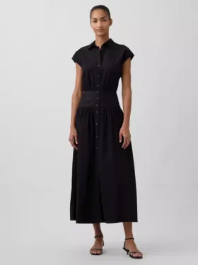 Vestido camisero largo de popelín con cintura baja