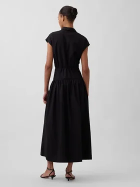 Vestido camisero largo de popelín con cintura baja