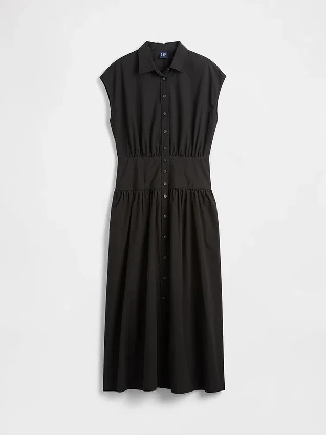 Vestido camisero largo de popelín con cintura baja