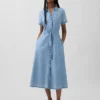 Vestido camisero midi de denim con cinturilla atada