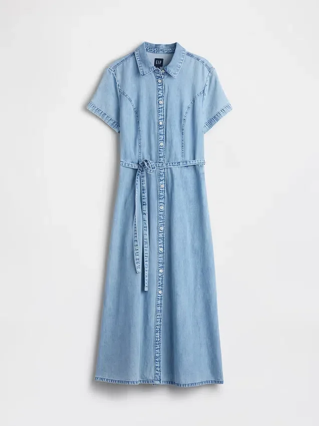 Vestido camisero midi de denim con cinturilla atada
