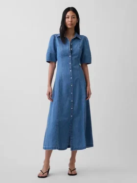 Vestido camisero midi de denim con mangas abullonadas