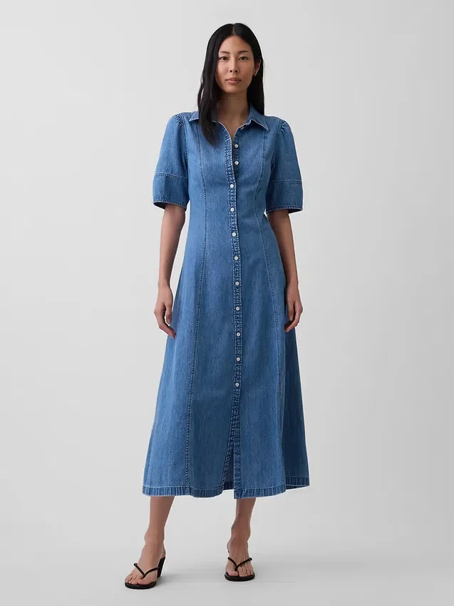 Vestido camisero midi de denim con mangas abullonadas