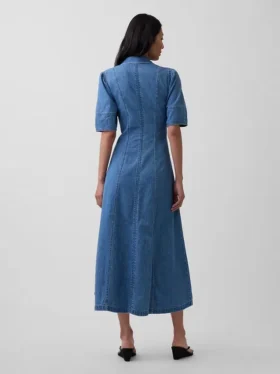 Vestido camisero midi de denim con mangas abullonadas