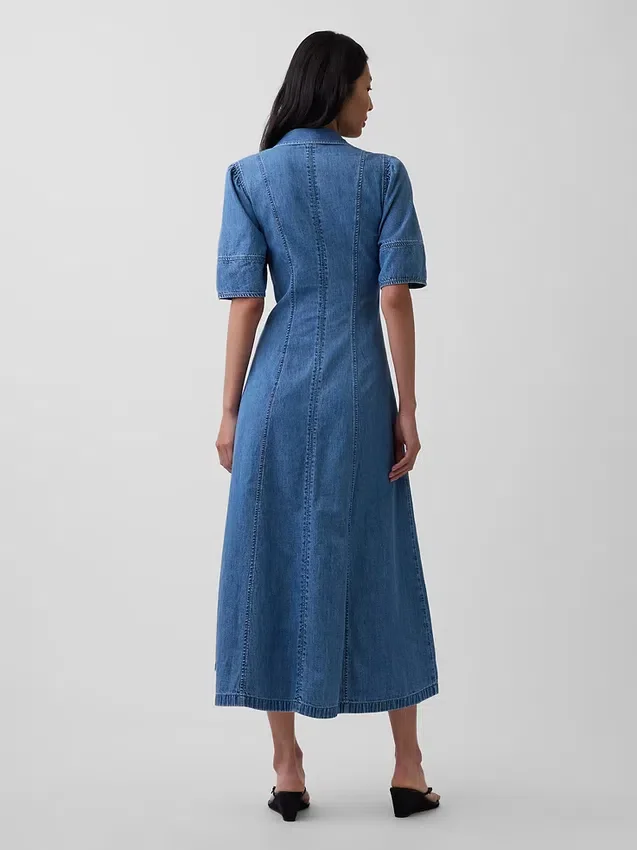 Vestido camisero midi de denim con mangas abullonadas