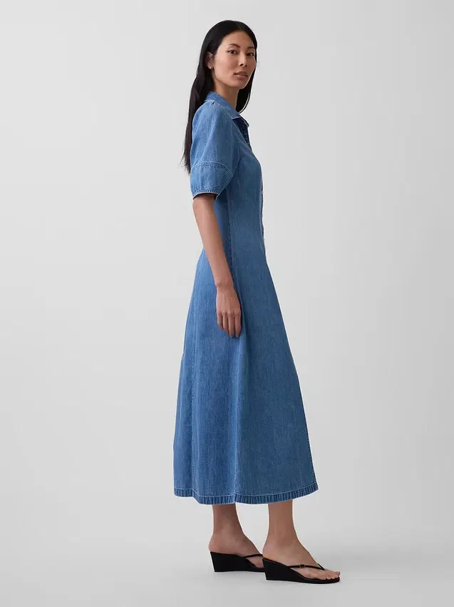 Vestido camisero midi de denim con mangas abullonadas