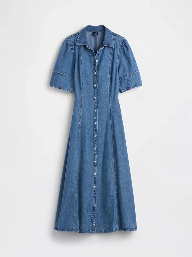 Vestido camisero midi de denim con mangas abullonadas