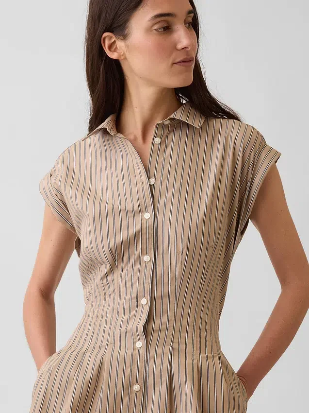 Vestido camisero mini ajustado a la cintura de popelín a rayas