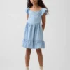 Vestido de denim con escote corazón y mangas con volantes