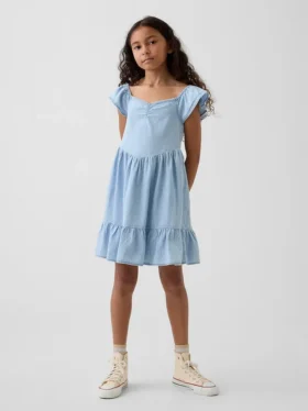 Vestido de denim con escote corazón y mangas con volantes