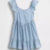 Vestido de denim con escote corazón y mangas con volantes