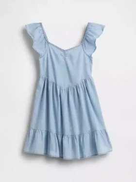 Vestido de denim con escote corazón y mangas con volantes