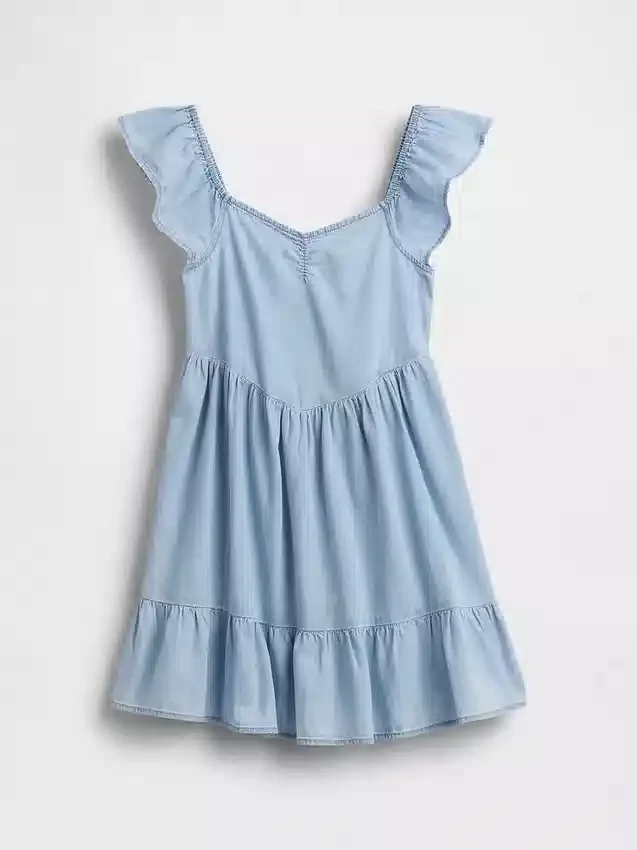 Vestido de denim con escote corazón y mangas con volantes