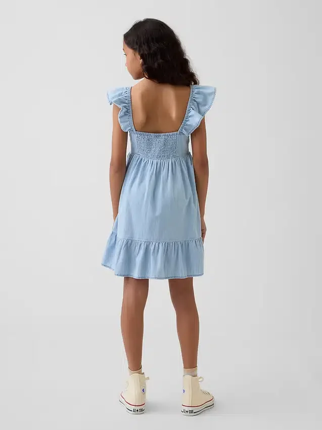 Vestido de denim con escote corazón y mangas con volantes
