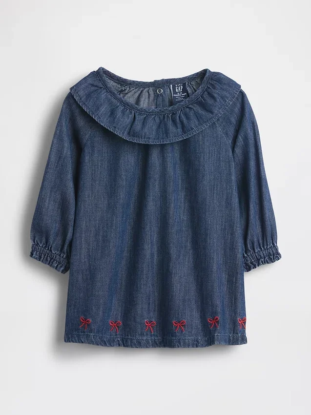 Vestido de denim para bebé con cuello de volantes