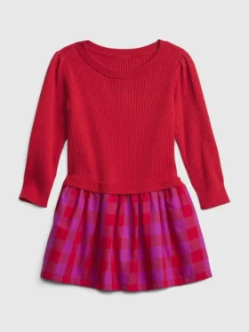 Vestido de mezcla de tejidos con jerséu acanalado para niñas pequeñas