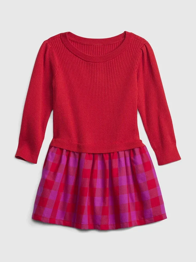 Vestido de mezcla de tejidos con jerséu acanalado para niñas pequeñas