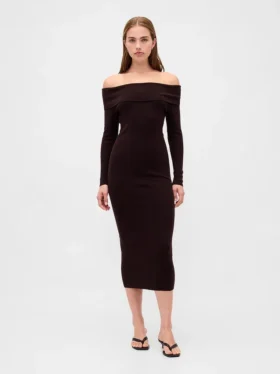Vestido de punto midi elástico con hombros al aire de CashSoft