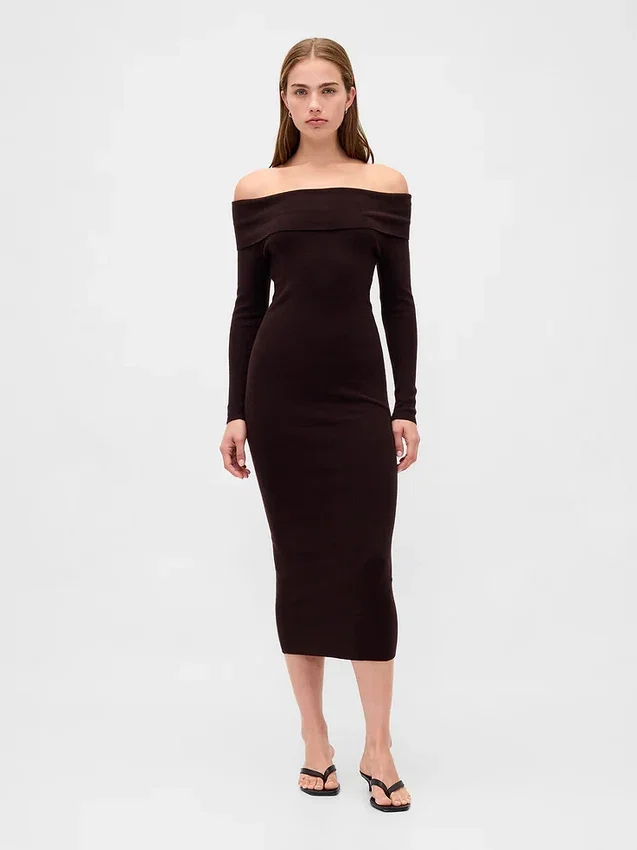 Vestido de punto midi elástico con hombros al aire de CashSoft
