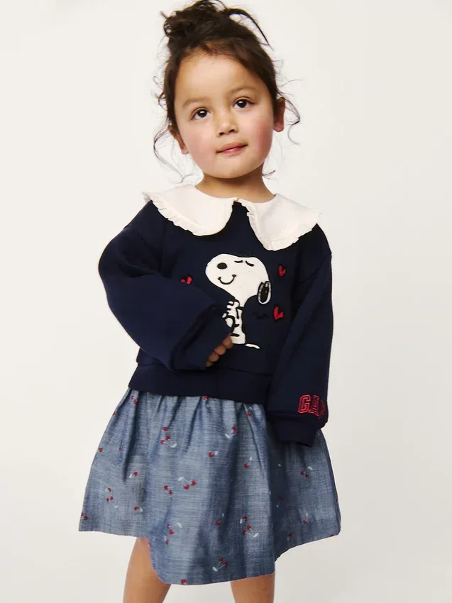 Vestido de sudadera con cuello de volantes de Snoopy para bebés y niños pequeños