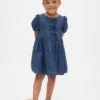 Vestido de vaqueros con mangas abullonadas y lazo para bebés y niños pequeños