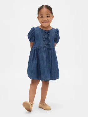 Vestido de vaqueros con mangas abullonadas y lazo para bebés y niños pequeños