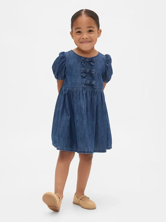 Vestido de vaqueros con mangas abullonadas y lazo para bebés y niños pequeños