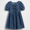 Vestido de vaqueros con mangas abullonadas y lazo para bebés y niños pequeños