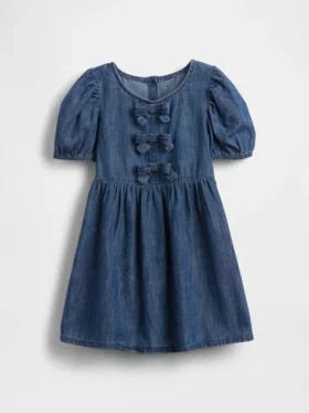 Vestido de vaqueros con mangas abullonadas y lazo para bebés y niños pequeños