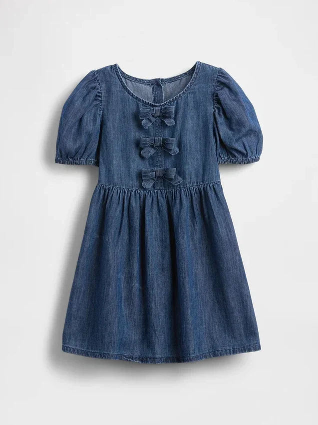 Vestido de vaqueros con mangas abullonadas y lazo para bebés y niños pequeños
