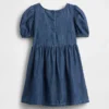 Vestido de vaqueros con mangas abullonadas y lazo para bebés y niños pequeños