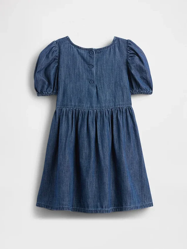 Vestido de vaqueros con mangas abullonadas y lazo para bebés y niños pequeños