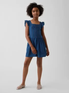 Vestido infantil de manga con volantes y ribete de encaje
