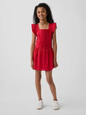 Vestido infantil de manga con volantes y ribete de encaje