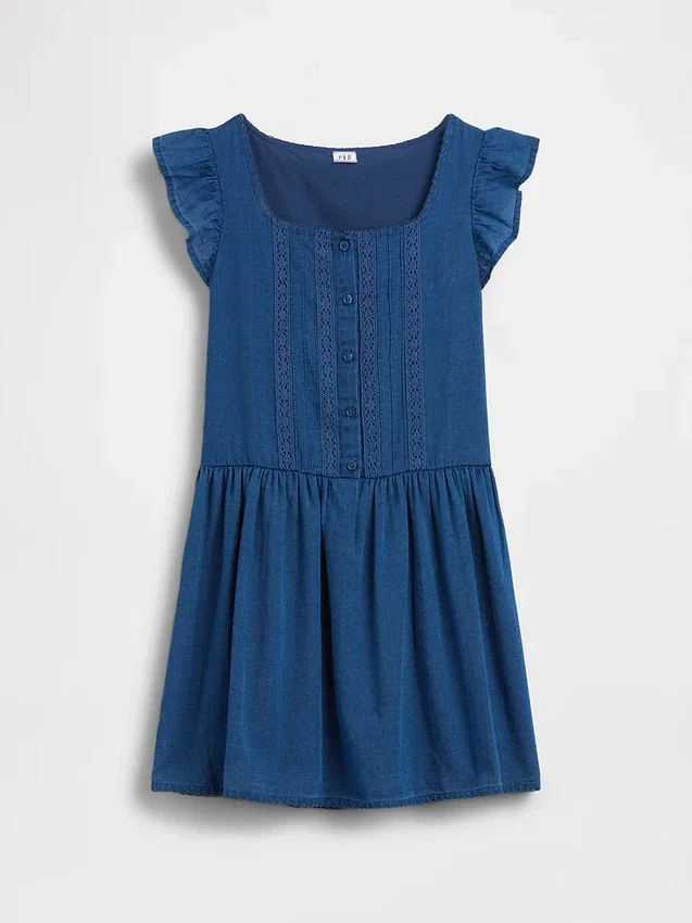 Vestido infantil de manga con volantes y ribete de encaje