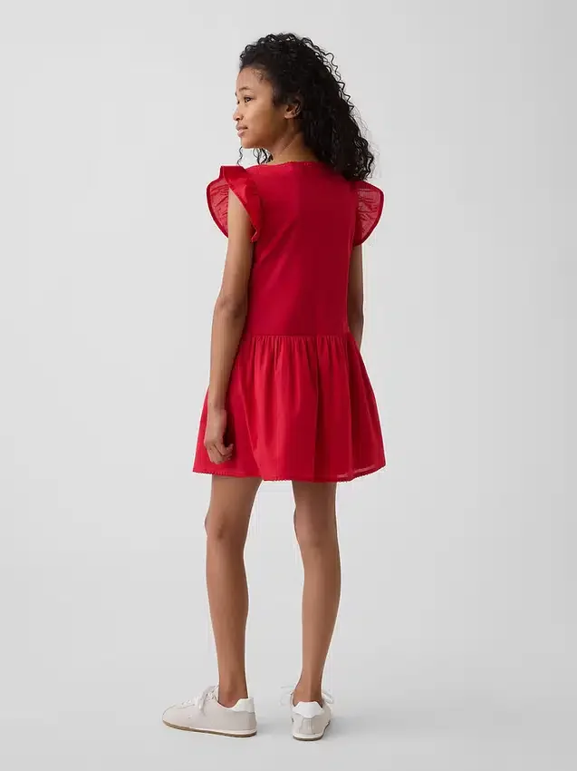 Vestido infantil de manga con volantes y ribete de encaje