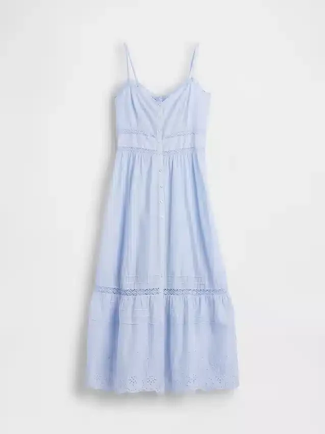 Vestido largo con botones en la parte delantera y ribete de encaje